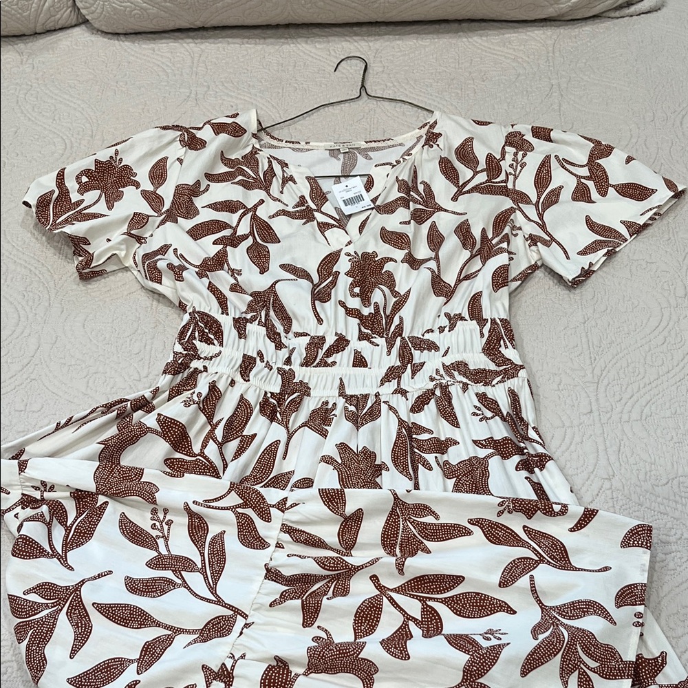 Zara Cream and Brown Leaf Print Maxi Dress